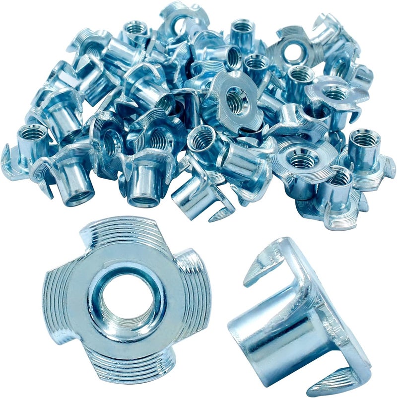 Hitefu M6 X 10mm T-Nut 4 Pronged Zinc Plated Tee Nuts Threaded Insert for Table Legs Rock Climbing Wall Woodwork Holds Wood Cabinetry (40Pcs) - Image 1